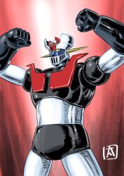 Rule 34 | clenched hands, highres, looking ahead, mazinger (series), mazinger z, mazinger z (mecha), mecha, no humans, ohtagaki yasuo, red background, robot, science fiction, solo, super robot, yellow eyes
