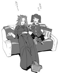 Rule 34 | 2girls, ashtray, can, cigarette, collared shirt, commentary request, couch, greyscale, hakama, hakama pants, highres, japanese clothes, jun&#039;you (kancolle), kantai collection, kariginu, kneehighs, long hair, long sleeves, magatama, monochrome, multiple girls, pants, pillow, platform footwear, ryuujou (kancolle), shirt, shishanmo, sitting, sleeves past elbows, socks, spiked hair, translation request, twintails, wide sleeves