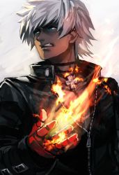 Rule 34 | 1boy, blue eyes, dark-skinned male, dark skin, fire, gauntlets, hungry clicker, jewelry, k&#039; (kof), male focus, necklace, pyrokinesis, short hair, simple background, snk, solo, the king of fighters, the king of fighters xiv, upper body, white hair