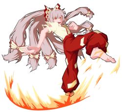 Rule 34 | 1girl, barefoot, bow, cel shading, commentary, english commentary, fire, fujiwara no mokou, full body, grunt (tnurg), hair bow, highres, long hair, looking at viewer, low-tied long hair, open mouth, pants, pink hair, red eyes, red pants, shirt, short sleeves, signature, simple background, solo, suspenders, torn clothes, torn shirt, touhou, very long hair, white background, white bow, white shirt