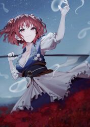 Rule 34 | 1girl, blue dress, breasts, cleavage, closed mouth, coin, commentary request, dress, flower, ghost, hair bobbles, hair ornament, highres, holding, holding scythe, obi, obidome, obijime, onozuka komachi, outdoors, red eyes, red hair, sash, scythe, sketch, sky, solo, spider lily, star (sky), starry sky, touhou, two side up, wanko sora