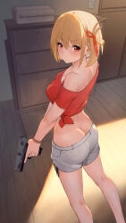 Rule 34 | 1girl, ass, bare legs, bare shoulders, blonde hair, breasts, butt crack, clisapex, closed mouth, feet out of frame, finger on trigger, from behind, gun, hair ribbon, handgun, highres, holding, holding gun, holding weapon, indoors, large breasts, looking at viewer, looking back, lycoris recoil, midriff, nishikigi chisato, off-shoulder shirt, off shoulder, one side up, red eyes, red shirt, ribbon, shirt, short hair, short shorts, shorts, solo, thighs, tied shirt, v-shaped eyebrows, weapon, white shorts, wooden floor
