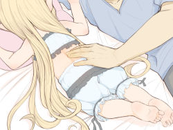 Rule 34 | 1boy, 1girl, barefoot, bed sheet, blonde hair, bloomers, charlotta (granblue fantasy), curly hair, feet, gran (granblue fantasy), granblue fantasy, hand on another&#039;s back, harvin, head out of frame, long hair, lying, on stomach, pillow, soles, solo focus, underwear, very long hair, walkalone