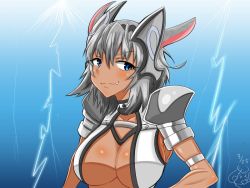 Rule 34 | 1girl, blue eyes, breasts, caenis (fate), caenis (fate/grand order), cleavage, dark skin, dark-skinned female, fang, fate/grand order, fate (series), grey hair, large breasts, looking at viewer, short hair, smile, solo, upper body