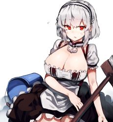 Rule 34 | 1girl, anchor, apron, azur lane, bad id, bad pixiv id, black skirt, breasts, broom, bucket, cleavage, commentary request, hair between eyes, hairband, large breasts, looking at viewer, maid apron, parted lips, puffy short sleeves, puffy sleeves, red eyes, shirt, short hair, short sleeves, sidelocks, silver hair, simple background, sirius (azur lane), sitting, skirt, solo, suminagashi, sweat, waist apron, white apron, white background, white hairband, white shirt