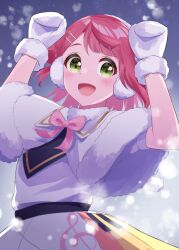 Rule 34 | 1girl, blush, bow, bowtie, capelet, colorful dreams! colorful smiles! (love live!), commentary request, dress, earmuffs, fur-trimmed capelet, fur trim, hair bun, hair ornament, hairclip, hands up, highres, hisaka, looking at viewer, love live!, love live! nijigasaki high school idol club, medium hair, mittens, open mouth, piano print, pink bow, pink bowtie, single side bun, solo, uehara ayumu, upper body, white capelet, white dress, white mittens, winter clothes, yellow eyes