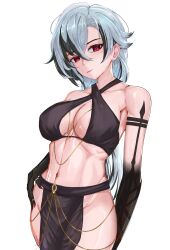 Rule 34 | 1girl, absurdres, alternate costume, arlecchino (genshin impact), arm tattoo, arnkun, bare shoulders, black hair, breasts, commentary, cowboy shot, criss-cross halter, genshin impact, grey hair, halterneck, head tilt, highres, large breasts, long hair, looking at viewer, multicolored hair, navel, pelvic curtain, simple background, solo, standing, stomach, streaked hair, tattoo, very long hair, white background
