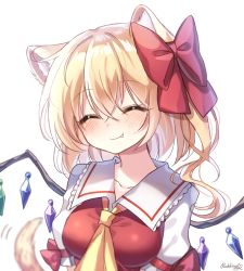 Rule 34 | 1girl, ^ ^, animal ear fluff, animal ears, artist name, bad id, bad pixiv id, blonde hair, blush, bow, breasts, cat ears, cat tail, closed eyes, collarbone, commentary request, crystal, fang, fang out, flandre scarlet, hair between eyes, hair bow, head tilt, highres, kemonomimi mode, long hair, medium breasts, no headwear, one side up, pudding (skymint 028), puffy short sleeves, puffy sleeves, red bow, red vest, shirt, short sleeves, signature, simple background, smile, solo, tail, touhou, upper body, vest, white background, white shirt, wings
