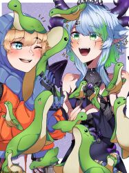Rule 34 | 2girls, absurdres, akasukiane04, animification, apex legends, apricot the lich, apricot the lich (1st costume), blonde hair, blue eyes, commentary, demon girl, demon horns, demon wings, earrings, english commentary, fangs, gloves, green eyes, green hair, highres, horns, jewelry, looking at another, multiple girls, multiple horns, nessie (respawn), one eye closed, open mouth, pointy ears, slit pupils, smile, teeth, tongue, twitter username, virtual youtuber, vshojo, watermark, wattson (apex legends), wings