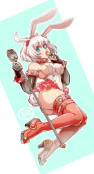 Rule 34 | 1girl, animal ear hairband, animal ears, antenna hair, armlet, artist logo, black gloves, boots, bracelet, breasts, carlasd, choker, commentary, elbow gloves, elphelt valentine, english commentary, fake animal ears, fake tail, finger to mouth, fingerless gloves, frilled skirt, frills, from side, full body, gloves, green background, green eyes, guilty gear, guilty gear strive, hairband, high heel boots, high heels, holding, holding microphone stand, index finger raised, jewelry, leotard, looking to the side, microphone stand, nontraditional playboy bunny, pink footwear, pink skirt, playboy bunny, rabbit ear hairband, rabbit ears, rabbit tail, short hair, showgirl skirt, sideboob, skirt, solo, spiked armlet, spiked bracelet, spiked choker, spiked footwear, spiked hairband, spikes, tail, thigh boots, thighs, white hair, white leotard