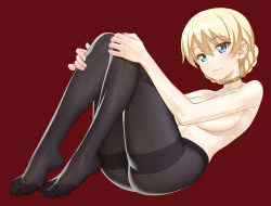 Rule 34 | 10s, 1girl, ass, blonde hair, blue eyes, blush, braid, breasts, choker, darjeeling (girls und panzer), feet, full body, girls und panzer, hands on own knees, large breasts, looking at viewer, minazuki juuzou, no panties, pantyhose, plantar flexion, red background, short hair, simple background, sitting, smile, solo, text focus, thighband pantyhose, toes, topless, translated, twin braids