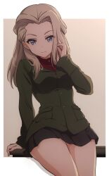 Rule 34 | 1girl, black skirt, blonde hair, blue eyes, border, breasts, clara (girls und panzer), closed mouth, ehirorotoon, girls und panzer, highres, long hair, looking at viewer, medium breasts, military uniform, miniskirt, pleated skirt, pravda military uniform, simple background, skirt, smile, solo, uniform, white border