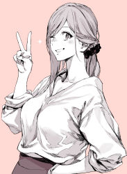 Rule 34 | 1girl, ;d, arm up, blush, breasts, collarbone, from side, hair between eyes, hair ornament, hair scrunchie, hand on own hip, highres, long hair, long sleeves, looking at viewer, monochrome, nakuta, one eye closed, open mouth, original, pink background, scrunchie, shirt, simple background, sleeves rolled up, smile, solo, sparkle, standing, upper body, v