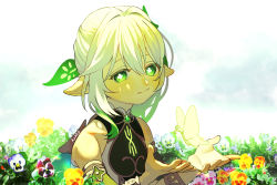 Rule 34 | 1girl, bracelet, bug, butterfly, child, cross-shaped pupils, dress, flower, genshin impact, gradient hair, green eyes, green hair, hair ornament, highres, insect, jewelry, leaf hair ornament, long hair, multicolored hair, nahida (genshin impact), pointy ears, side ponytail, smile, solo, symbol-shaped pupils, white dress, white hair, wraaa03