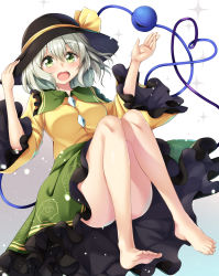 Rule 34 | 1girl, :o, bare legs, barefoot, black hat, blush, breasts, commentary request, convenient censoring, convenient leg, east01 06, feet, floral print, frilled shirt collar, frilled skirt, frilled sleeves, frills, full body, green eyes, green skirt, hand on headwear, hat, hat ribbon, heart, heart of string, highres, komeiji koishi, long sleeves, looking at viewer, medium breasts, open mouth, print skirt, ribbon, rose print, shirt, short hair, silver hair, skirt, solo, sparkle background, tareme, third eye, touhou, white background, yellow ribbon, yellow shirt