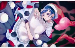 Rule 34 | 1girl, black capelet, blob, blue eyes, blue hair, blush, capelet, doremy sweet, dream soul, dress, hat, highres, katai (nekoneko0720), multicolored clothes, multicolored dress, nightcap, open mouth, pillow, pom pom (clothes), red hat, short hair, smile, solo, touhou