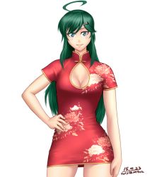 Rule 34 | 1girl, ahoge, blue eyes, borrowed character, breasts, character request, china dress, chinese clothes, cleavage, cowboy shot, dress, green hair, hair ornament, hairclip, hand on own hip, looking at viewer, original, red dress, short dress, smile, solo, taikyokuturugi, transparent background