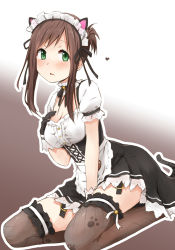 Rule 34 | 1girl, animal ears, apron, between legs, black gloves, black ribbon, blush, breasts, brown hair, cat ears, cleavage, dress, fishnet thighhighs, fishnets, gloves, gradient background, green eyes, grey thighhighs, hand between legs, heart, highres, kagiana, long hair, looking at viewer, maid apron, maid headdress, medium breasts, open mouth, outline, paw print, print thighhighs, puffy short sleeves, puffy sleeves, ribbon, short sleeves, sitting, solo, sophia esteed, star ocean, star ocean anamnesis, star ocean till the end of time, thighhighs, thighs, waist apron, white apron, white outline