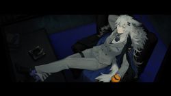 Rule 34 | 1girl, alternate costume, animal ears, arknights, arm behind head, armchair, ashtray, black footwear, blue eyes, blue socks, chair, cigarette, crossed legs, feet on table, formal, grey pants, grey shirt, hair ornament, hairclip, highres, lappland (arknights), letterboxed, long hair, looking at viewer, pants, scar, scar across eye, shirt, shoes, socks, solo, tail, tuxedo, vento, white hair, wolf ears, wolf girl, wolf tail