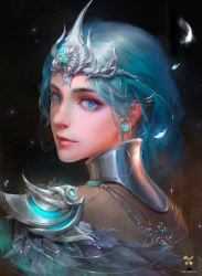 Rule 34 | 1girl, absurdres, aqua eyes, aqua hair, armor, artist logo, artist name, black background, circlet, closed mouth, commentary, earrings, english commentary, eyebrows, eyelashes, feather trim, feathers, from behind, gem, glowing, glowing earrings, gorget, gyxycn, highres, jewelry, lips, looking at viewer, looking back, makeup, nose, original, pink lips, portrait, short hair, shoulder armor, solo, stud earrings, watermark, web address