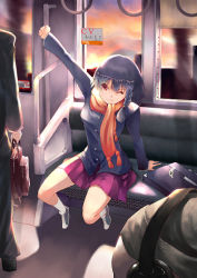 Rule 34 | 1girl, original, scarf, school uniform, sitting, solo focus, sts, train, train interior