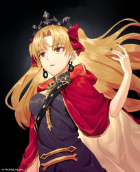 Rule 34 | 1girl, absurdres, black background, black dress, black nails, blonde hair, bow, breasts, brown cape, brown eyes, cape, commentary request, dress, earrings, ereshkigal (fate), fate/grand order, fate (series), hair bow, hand up, highres, hood, hood down, hooded cape, infinity symbol, jewelry, long hair, looking away, makise minami, medium breasts, multicolored cape, multicolored clothes, nail polish, parted bangs, parted lips, red bow, red cape, signature, simple background, skull, solo, spine, tiara, two-sided cape, two-sided fabric, two side up, very long hair