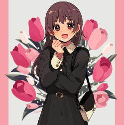 Rule 34 | 1girl, :d, arisa (aren), artist name, bag, black dress, black eyes, blush, brown hair, buckle, buttons, collared dress, commentary, cowboy shot, dot nose, dress, earrings, floral background, flower, hand up, handbag, highres, jewelry, long hair, long sleeves, looking at viewer, open mouth, original, pink eyes, pink flower, shoulder bag, signature, smile, solo, standing, tulip