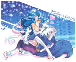 Rule 34 | 1boy, 1girl, animal ears, bare shoulders, between breasts, big hair, biting, blue eyes, blue hair, breasts, capcom, cat ears, cat tail, couple, ear biting, fang, felicia (vampire), furry, furry male, furry with non-furry, gallon (vampire), gmork, hetero, hug, interspecies, large breasts, leg lock, pants, revision, tail, vampire (game), werewolf, wolf