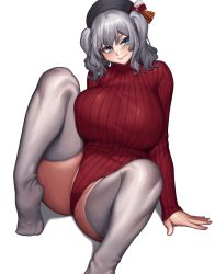 Rule 34 | beret, blue eyes, breasts, cinko, feet, hat, heattech leotard, highres, kantai collection, kashima (kancolle), large breasts, leotard, meme attire, red leotard, ribbed leotard, silver hair, simple background, sweater, thighhighs, thighs, tsurime, turtleneck, twintails, wavy hair, white thighhighs