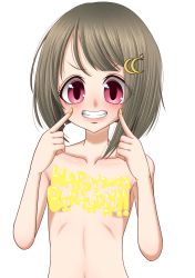 Rule 34 | 1girl, artist name, artist request, bare shoulders, blush, breasts, brown hair, collarbone, crescent, crescent hair ornament, female focus, finger to cheek, fingers to cheeks, fingersmile, flat chest, grey hair, hair ornament, highres, light brown hair, looking at viewer, love live!, love live! nijigasaki high school idol club, nail, nail polish, nakasu kasumi, parted lips, pink eyes, purple eyes, short hair, small breasts, smile, solo, star (symbol), teeth, upper body, v-shaped eyebrows, white background, yellow nail polish, yellow nails