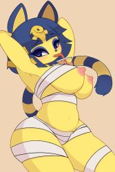 Rule 34 | 1girl, animal crossing, animal ears, ankha (animal crossing), armpits, arms behind head, arms up, bandaged leg, bandages, blonde hair, blue eyes, blue eyeshadow, blue hair, blunt bangs, blush, breasts, brown background, bubble tea, bubble tea challenge, budget sarashi, cat ears, cat tail, closed mouth, cowboy shot, cup, drink, drinking, drinking straw, egyptian, eyeshadow, female focus, furry, furry female, hair ornament, happy, highres, large breasts, looking away, looking to the side, makeup, midriff, multicolored hair, navel, nintendo, nipples, pinkcappachino, raised eyebrow, sarashi, short hair, simple background, smile, snake hair ornament, solo, standing, tail, thick thighs, thighs, transparent, two-tone hair, wide hips
