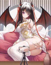 1girl ass bare_shoulders black_hair branch breasts brown_wings cariboy cellphone china_dress chinese_clothes closed_mouth commentary_request demon_girl demon_horns demon_wings detached_sleeves dress flower happy_new_year highres horn_ornament horn_ribbon horns juliet_sleeves long_hair long_sleeves looking_at_viewer medium_breasts multicolored_hair new_year original panties phone pillow puffy_sleeves red_eyes red_hair red_ribbon ribbon sleeveless sleeveless_dress sleeves_past_wrists smile solo thighhighs two-tone_hair underwear white_dress white_flower white_panties white_sleeves white_thighhighs wings