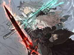 Rule 34 | 1boy, 1girl, arm around waist, black dress, black gloves, closed mouth, dress, embarrassed, fate/grand order, fate (series), gloves, grey eyes, grey hair, holding, holding sword, holding weapon, husband and wife, kankan33333, kriemhild (fate), long hair, open mouth, siegfried (fate), smile, standing, sword, weapon, wide-eyed