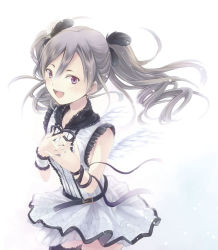 Rule 34 | 10s, 1girl, belt, blush, dress, drill hair, feathers, grey hair, hair ornament, hands on own chest, hands up, idolmaster, idolmaster cinderella girls, kanzaki ranko, long hair, looking at viewer, minasato hibiki, open mouth, own hands together, sleeveless, sleeveless dress, smile, solo, thighhighs, twin drills, twintails