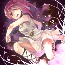 Rule 34 | 1girl, ankle lace-up, barefoot, cross-laced footwear, dress, feet, fighting stance, flower, magi the labyrinth of magic, morgiana, non-web source, petals, red eyes, red hair, ringtomato, spread toes, squatting, toes