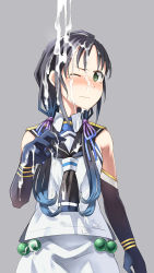 Rule 34 | 1girl, black serafuku, blue hair, blush, closed mouth, commentary request, elbow gloves, gloves, gradient hair, green eyes, hair between eyes, hair ribbon, highres, kantai collection, long hair, looking at viewer, low twintails, multicolored hair, neckerchief, one eye closed, ribbon, sakura (medilore), school uniform, serafuku, simple background, sleeveless, solo, suggestive fluid, suzukaze (kancolle), twintails, wet