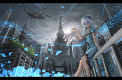 Rule 34 | 1girl, aircraft, blue eyes, blush, building, hat, helicopter, highres, k ryo, letterboxed, long hair, looking at viewer, original, railing, silver hair, sitting, smile, solo, top hat, white hat