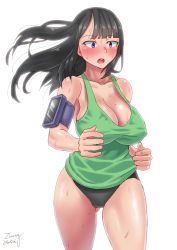 Rule 34 | 1girl, 2016, :o, black hair, blush, breasts, cleavage, dated, gluteal fold, huge breasts, jogging, large breasts, long hair, mole, mole on breast, mole on thigh, morimoto chio, open mouth, original, pedometer, purple eyes, simple background, solo, sweat, thighs, white background, zheng