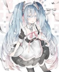 Rule 34 | 1girl, :d, absurdres, ahoge, alternate costume, apron, black dress, black pantyhose, blue eyes, blue hair, blush, breasts, brown hair, collar, commentary request, detached collar, dress, enmaided, frilled apron, frilled dress, frills, gradient hair, hair between eyes, hair ornament, hand up, hatsune miku, highres, holding, holding tray, long hair, looking at viewer, maid, maid headdress, multicolored hair, open mouth, pantyhose, pleated dress, puffy short sleeves, puffy sleeves, short sleeves, siho (ricchil), single wrist cuff, small breasts, smile, solo, tray, twintails, very long hair, vocaloid, waist apron, white apron, white collar, wing collar, wrist cuffs