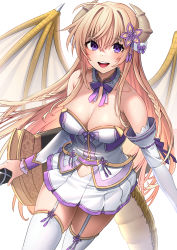 Rule 34 | 1girl, ahoge, akagi kurage, blush, braid, breasts, character request, cleavage, commission, detached collar, detached sleeves, dragon girl, dragon horns, dragon tail, dragon wings, garter straps, hair between eyes, hair ornament, highres, holding, holding sword, holding weapon, horns, large breasts, long hair, open mouth, pink eyes, pink hair, pixiv commission, pleated skirt, purple eyes, purple neckwear, sennen sensou aigis, side braids, simple background, skirt, solo, sword, tail, thighhighs, weapon, white background, white thighhighs, wings