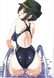 Rule 34 | 10s, 1girl, ass, black eyes, black hair, character name, chouno ami, competition swimsuit, cowboy shot, english text, female service cap, girls und panzer, green hat, hat, highres, looking at viewer, looking back, military hat, nenchi, one-piece swimsuit, open mouth, pool, scan, short hair, smile, solo, standing, swimsuit, upper body, wading, white background