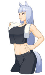 Rule 34 | 1girl, animal ears, black pants, black shirt, blue hair, blunt bangs, breasts, cowboy shot, crop top, crop top overhang, cropped shirt, dyun, from side, gold ship (umamusume), hand on own hip, hand up, highres, horse ears, horse girl, horse tail, large breasts, midriff, navel, pants, parted lips, red eyes, shirt, simple background, solo, standing, sweat, tail, toned, towel, towel around neck, umamusume, white background