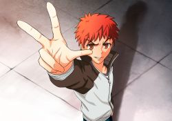 Rule 34 | 1boy, arm up, bandaged arm, bandages, brown eyes, doyagao, emiya shirou, fate/stay night, fate (series), from above, looking at viewer, male focus, orange hair, short hair, smug, solo, tk8d32, v