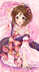 Rule 34 | 1girl, :d, antenna hair, brown hair, cherry blossoms, detached sleeves, domyoji karin, dress, frilled dress, frills, highres, idolmaster, idolmaster cinderella girls, kimono dress, looking at viewer, mitsuyahachiko, open mouth, short hair, smile, solo, sparkle, wide sleeves