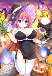Rule 34 | 1girl, black dress, blush, breasts, broom, cape, cat, cleavage, covered navel, dress, hat, highres, hitodama, jack-o&#039;-lantern, large breasts, long hair, original, pink hair, pumpkin, shiwasu horio, star (sky), thighhighs, thighs, wand, witch, witch hat, yellow eyes