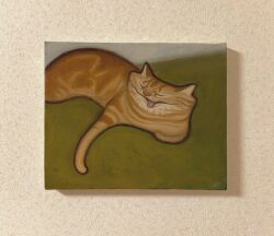 Rule 34 | animal, animal focus, cat, closed eyes, commentary request, highres, karin hosono, lying, no humans, open mouth, orange cat, original, painting (medium), photo (medium), realistic, solo, traditional media, yawning