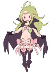 Rule 34 | 1girl, ahoge, belt, black footwear, black gloves, boots, bow, cape, circlet, do m kaeru, fire emblem, fire emblem awakening, flat chest, full body, garter straps, gloves, green hair, heart, long hair, looking at viewer, navel, nintendo, nowi (fire emblem), open mouth, pink bow, pink shorts, pink thighhighs, pointy ears, ponytail, purple eyes, shorts, simple background, smile, solo, stomach, thighhighs, white background