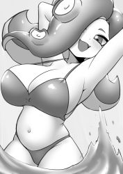 Rule 34 | 1girl, :d, arm behind head, armpits, arms up, belly, bikini, blush, breasts, cleavage, fang, female focus, greyscale, hair over one eye, highres, large breasts, monochrome, navel, nintendo, octoling player character, open mouth, partially submerged, pero (pero7762), smile, solo, splashing, splatoon (series), splatoon 2, standing, stomach, suction cups, swimsuit, takozonesu, tentacle hair, wading, water