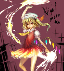 Rule 34 | &gt;:), 1girl, arm up, ascot, bad id, bad pixiv id, blonde hair, english text, female focus, fire, flandre scarlet, lips, magic, red eyes, short hair, side ponytail, signature, smile, solo, tcb, touhou, v-shaped eyebrows, wings