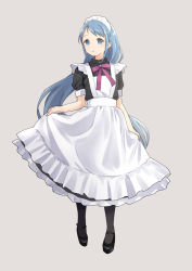 Rule 34 | 1girl, alternate costume, apron, black dress, black footwear, black legwear, blue eyes, blue hair, commentary request, dress, enmaided, full body, gradient hair, grey background, kantai collection, katakori sugita, long hair, looking at viewer, maid, maid headdress, mary janes, multicolored hair, puffy sleeves, purple ribbon, ribbon, samidare (kancolle), shoes, simple background, skirt hold, solo, standing, swept bangs, very long hair, white apron